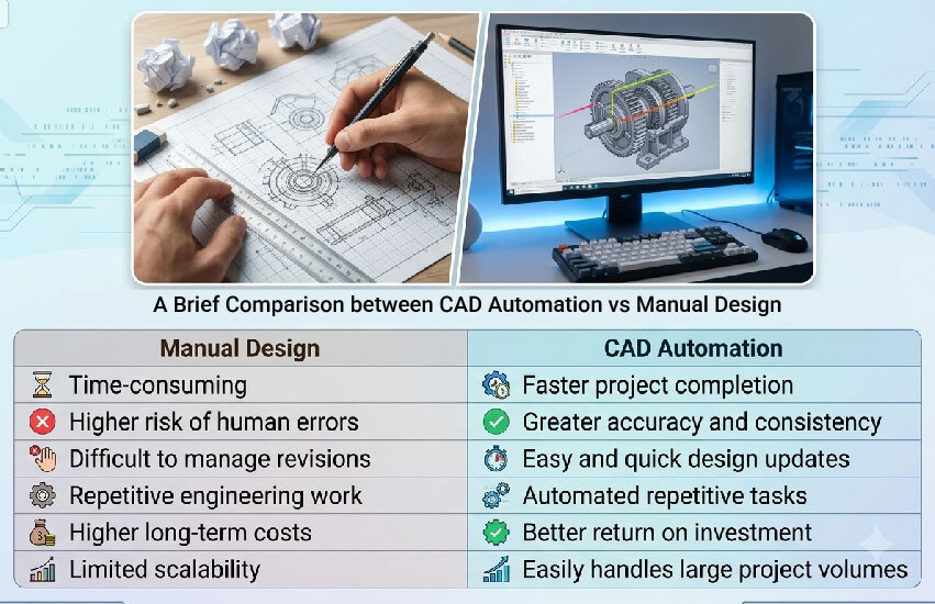 Comparison of CAD automation and manual design showing differences in speed, accuracy, revisions, repetitive tasks, and scalability